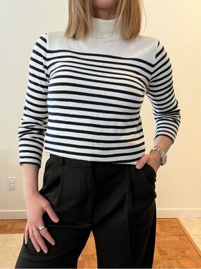 J. Crew White and Black Striped Turtleneck Long Sleeve Top